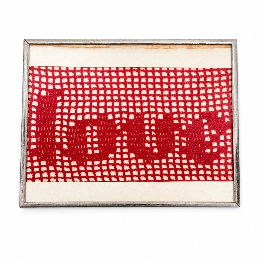 Vintage Framed Crochet LOVE Wall Art Red Handmade Lace Needlework Retro Cottage